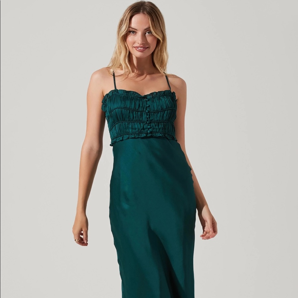 Astr The Label: Smocked Midi Dress - Hunter Green. Size Small